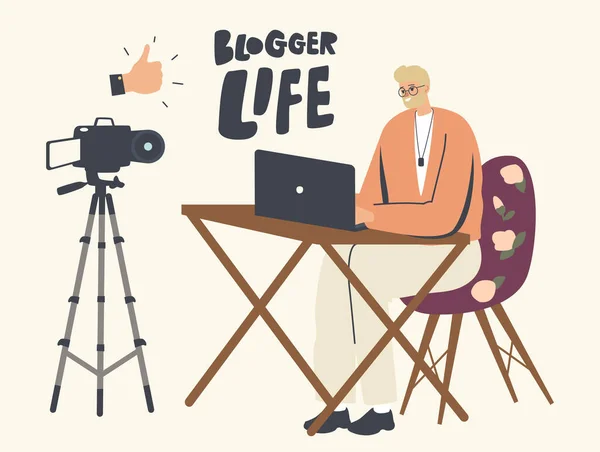 Blogueiro falando na frente da câmera e tela do laptop. Vlogger Online Streaming, conceito de revisão. Influenciador Gravar Vídeo —  Vetores de Stock