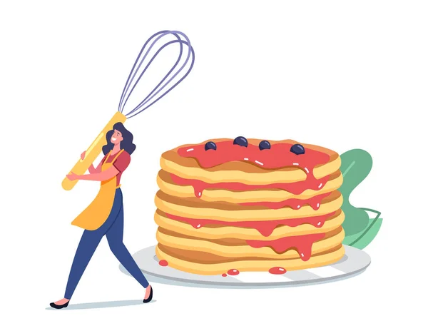 Perempuan Karakter Rute Pagi, Memasak Meal untuk Keluarga, Wanita Kecil di Apron dengan Whisk dekat Huge Pancakes Stack - Stok Vektor