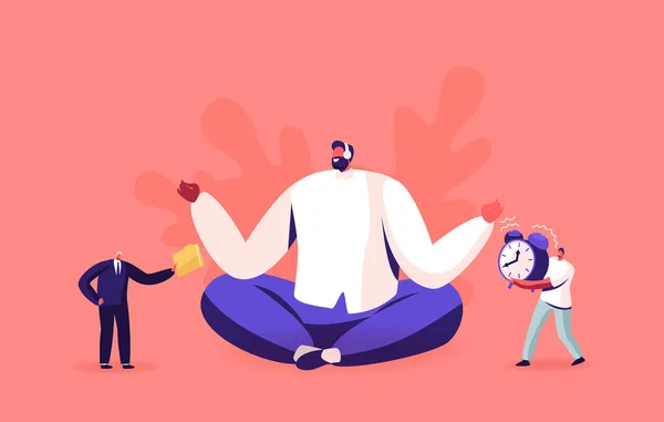 Trabajador de oficina Meditar en el lugar de trabajo. Empresario relajado en posición de loto haciendo yoga en oficina desordenada ignorando problemas — Archivo Imágenes Vectoriales