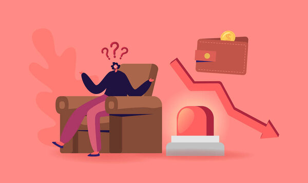 Проблема игнорирования персонажа предпринимательницы, концепция кризисного финансирования бизнеса. Стрела опускается вниз. Экономическая распродажа