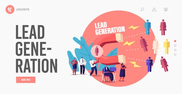 Lead Generation Landing Page Template. Piccolo imprenditore personaggio attirare i clienti con enorme magnete attrarre reddito — Vettoriale Stock