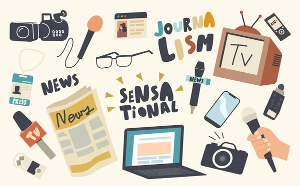 Set von Ikonen Journalistenberuf Thema. Mikrofon, Foto- oder Videokamera, Laptop und Zeitung, Fernseher, Brille — Stockvektor