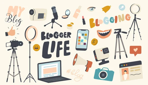 Uppsättning ikoner Blogger Life Theme. Videokamera, Ljus utrustning, Bärbar dator och fotokamera, Smartphone, Leende mun — Stock vektor