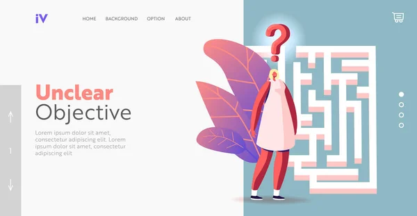 Geschäftsfrau im Labyrinth Challenge Landing Page Template.Complicated Task Concept. Weiblicher Charakter im Labyrinth — Stockvektor