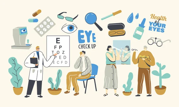 Diagnósticos profesionales de la vista, tratamiento óptico de la visión del examen. Doctor Character Check Visión para gafas Diopter — Vector de stock