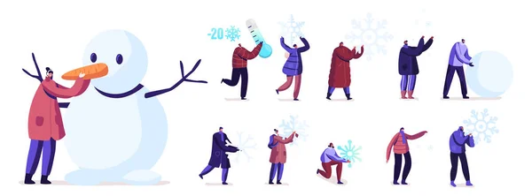 Ensemble de personnes jouant avec la neige. Minuscules personnages masculins et féminins faisant bonhomme de neige, tenant d'énormes flocons de neige, plaisir d'hiver — Image vectorielle