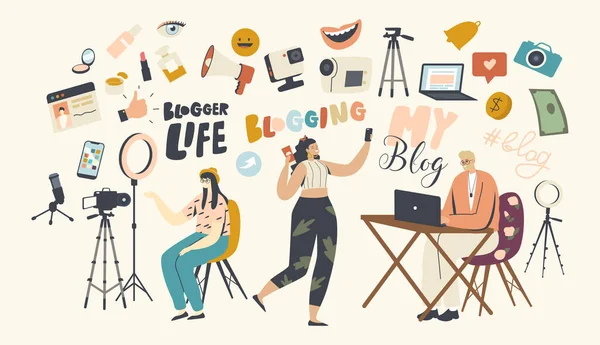 Vlogging, Blogger Profession in Social Media Concept. Vloggers Male and Female Characters Recording Video for Internet — Stock Vector
