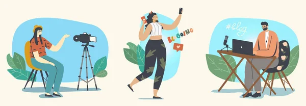 Bloggers Profession, Vlogging in Social Media Concept (en inglés). Vloggers Hombre Personajes femeninos Grabación de vídeo para t Transmisión en vivo — Archivo Imágenes Vectoriales