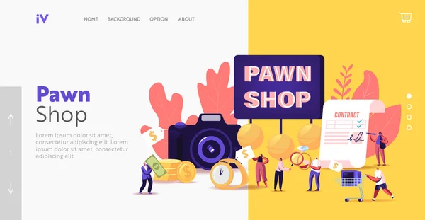 Personagens trazendo sucata para Pawn Shop Landing Page Template. Clientes Comprar e vender antigos metais preciosos, jóias —  Vetores de Stock