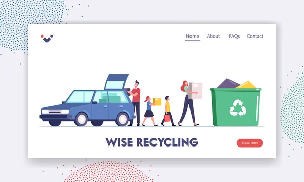 Übermäßiger Verbrauch Landing Page Template. Familienfiguren mit Kindern laden Müll in Mülleimer voller Müll — Stockvektor