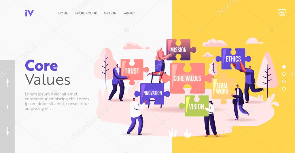 Core Values Landing Page Template. Tiny Businesspeople Characters Holding Huge Puzzle with Basic Business Principles