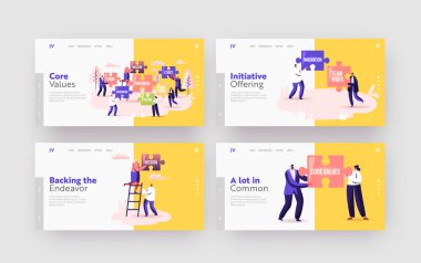 Çekirdek Değerleri İniş Sayfa Şablonu Ayarlandı. Tiny Business People Karakterleri Temel İş İlkeleriyle Büyük Bulmaca Tutuyor