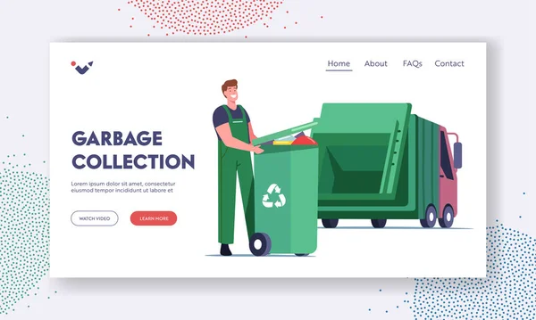 Plantilla de Landing Page de City Recycle Service. Conserje macho cargando contenedor de reciclaje con basura. Recogida de basura — Vector de stock