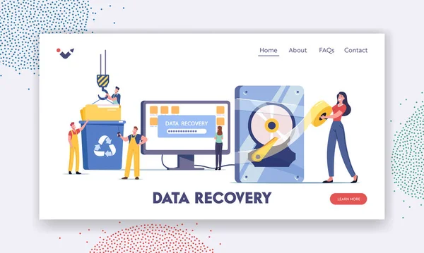 Data Recovery Service, Backup and Protection, Hardware Repair Landing Page Template. Tiny Characters in Worker Uniform — Stock Vector