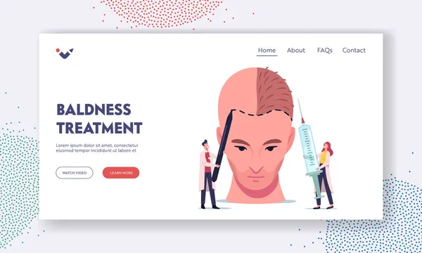 Haarausfall und rückläufige Landing Page Template. Winzige Arztfiguren bereiten riesigen Männerkopf auf Haartransplantation vor — Stockvektor