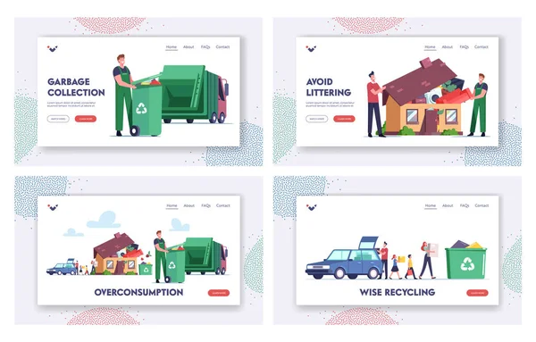 Overconsumptie Landing Page Template Set. Familie of klanten Karakters Laad Goederen van auto tot huis vol met dingen — Stockvector