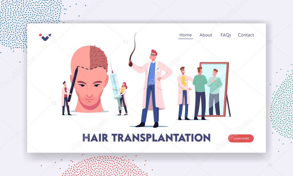 Plastic Surgery, Hair Loss Problem Landing Page Template. Tiny Doctor around Huge Male Head Making Hair Transplantation