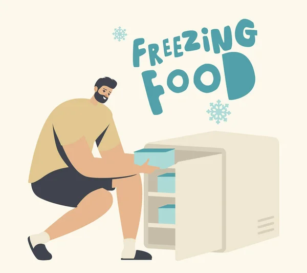 El hombre puso contenedores de plástico con verduras o productos en un refrigerador o congelador pequeño. Refrigerador para congelar alimentos — Vector de stock