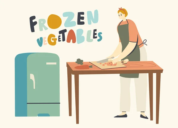 Personagem da dona de casa feminina cortando legumes para congelar, Produtos semi-acabados de cozinha de mulher, Embalagem em recipientes —  Vetores de Stock