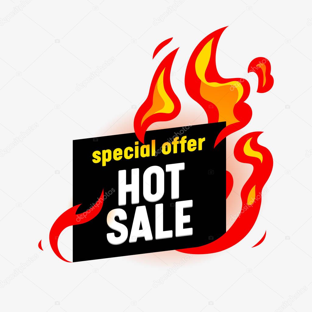Hot Sale Banner for Digital Social Media Marketing Advertising. Special Offer, Weekend Sale and Shopping Discount. Minimal Design with Burning Fire in Funky Style with Typography. Vector Illustration