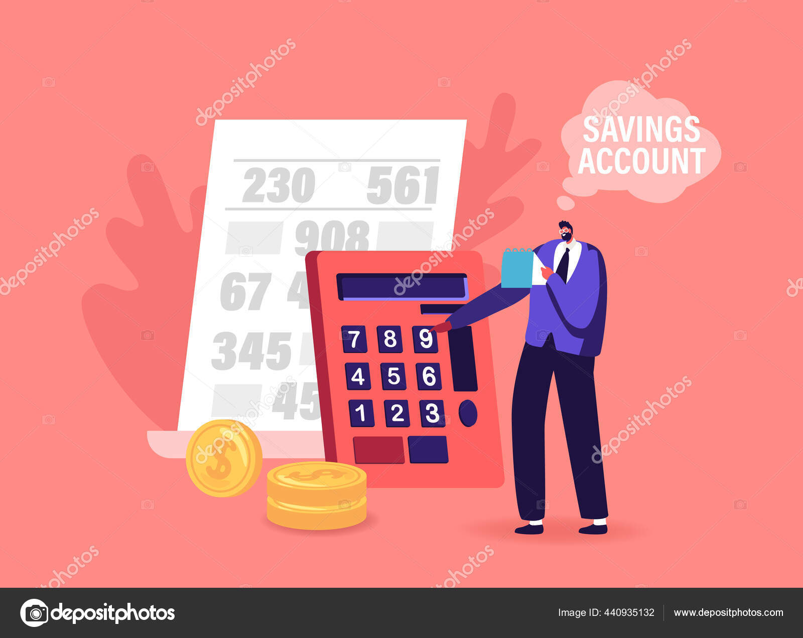 Savings Account, Financial Success Concept. Man Collecting and Saving  Money. Tiny Character with Calculator and Coins Stock Vector Image by  ©vectorlab #440935132
