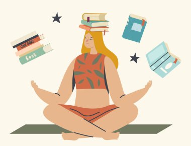 Eğitim, Okuma Hobisi. Kadın Yoga Pozu 'nda, başınızın üstünde kitapla yerde oturuyor. Öğrenci Sınava Hazırlan