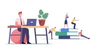 Ofis çalışanları işyeri konseptinde egzersiz yapıyor. Erkek ve Kadın Karakterler Çalışma Alanında Vücut Esnetiyorlar