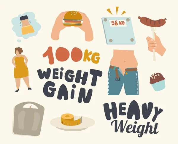 Set Icons Weight Gain Theme. Soda Drink Bottle, Hand Holding Burger, Floor Scales and Small Jeans on Fat Body, Sausage — Stock Vector