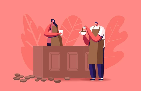 Karakterek Tanulmány a Barista Iskolában Kávét főzni a Bar Desk Concept-ben. Fiatal férfi és nő pincérben vagy csapos kötényben — Stock Vector