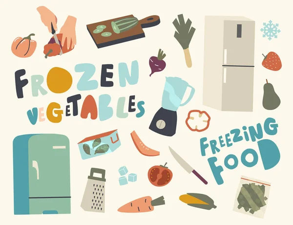 Набор икон замороженные овощи тема. Холодильник, морозильник, человеческие руки сократить овощи или фрукты и нож с теркой — стоковый вектор