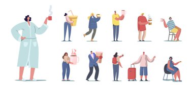 Farklı içecekler içen bir grup insan. Küçük Erkek ve Kadın Karakterler Büyük Soğuk ve Sıcak İçecekler Bardakları Tutuyorlar