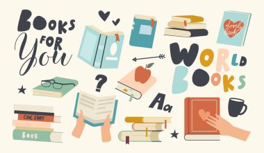 Simge Okuyucular Hobisi, Kitap Okuma, Gözlüklü Ders Kitabı, Kahve Kupası ve Oklu Typography. Bilgi Bilgisi