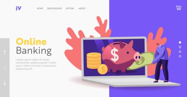Tasarruf Hesap İniş Şablonu. Tiny Male Karakteri Piggy Bank 'a Büyük Dizüstü Bilgisayar, Banka Mevduatı