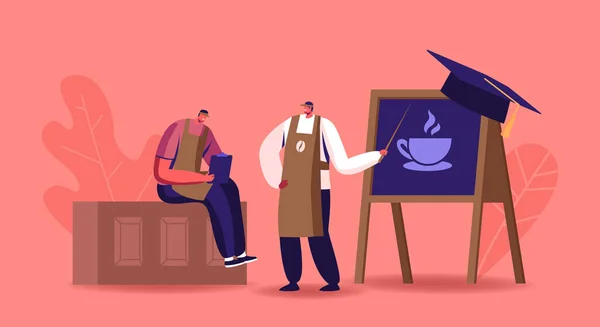 Férfi karakter tanulmány kávéfőzés Barista School Concept. Tanár az egységes bemutató kávé sörfőzési módszerek — Stock Vector