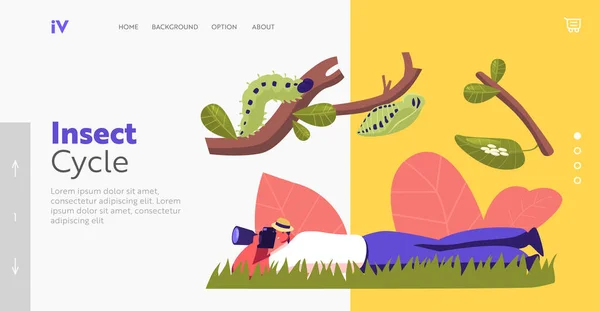 Šablona Wild Nature and Fauna Landing Page. Entomolog Vědec nebo amatér hledání znaků a studijní housenka — Stockový vektor