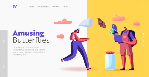Entomology Hobby or Professional Occupation Landing Page Template. Entomolodzy Catch Insect for Making Collection — Wektor stockowy