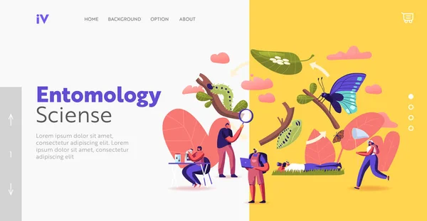 Entomology Hobby Landing Page Template .Entomologists Scientists or Amateurs Characters Create Insect Collection — 스톡 벡터