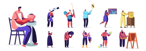 En uppsättning människor med olika hobby. Manliga och kvinnliga karaktärer med teleskop, poststämplar, stickverktyg, bikupa — Stock vektor