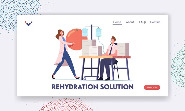 Vitaminen Druipend, Iv Therapy Landing Page Template. Kantoormedewerker Karakter Zitten op de werkplek Intraveneuze infusie toepassen — Stockvector