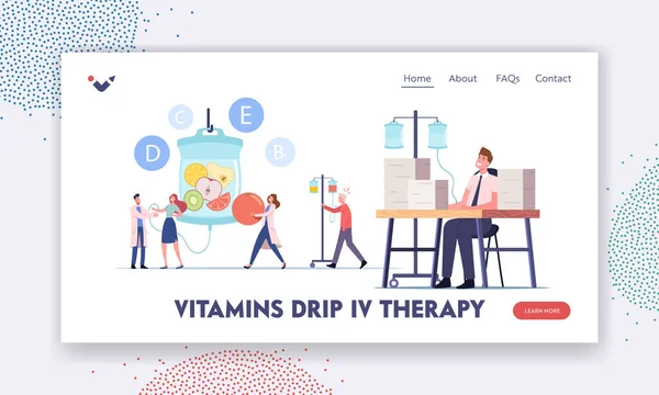 Vitaminas Dripping, Iv Therapy Landing Page Template (em inglês). Personagens Aplicando Infusão Intravenosa de Nutrientes via Droppers —  Vetores de Stock