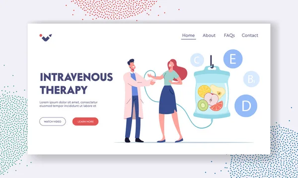 비타민 Drip, Iv Therapy Landing Page Template. 정맥에 영양을 주입하는 여성의 특성 — 스톡 벡터