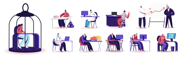 Conjunto de personas que trabajan en la oficina. Personajes Trabajando en Computadoras Portátiles y Computadoras, Exploración Científica en Laboratorio — Vector de stock