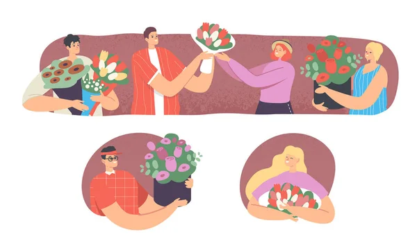 Jonge mannelijke karakters geven bloemen aan vrouwen. Aangename verrassing, felicitatie met feestdagen of romantische datum — Stockvector