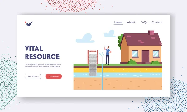 Extractie van hulpbronnen Landing Page Template. Man Karakter op House Front Yard Hold Flask testen Artesian grondwater — Stockvector