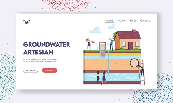 Wody podziemne lub Artesian Water Extraction Landing Page Szablon. Postacie z powiększającym się szkłem do wiercenia w studni prezentującej — Wektor stockowy