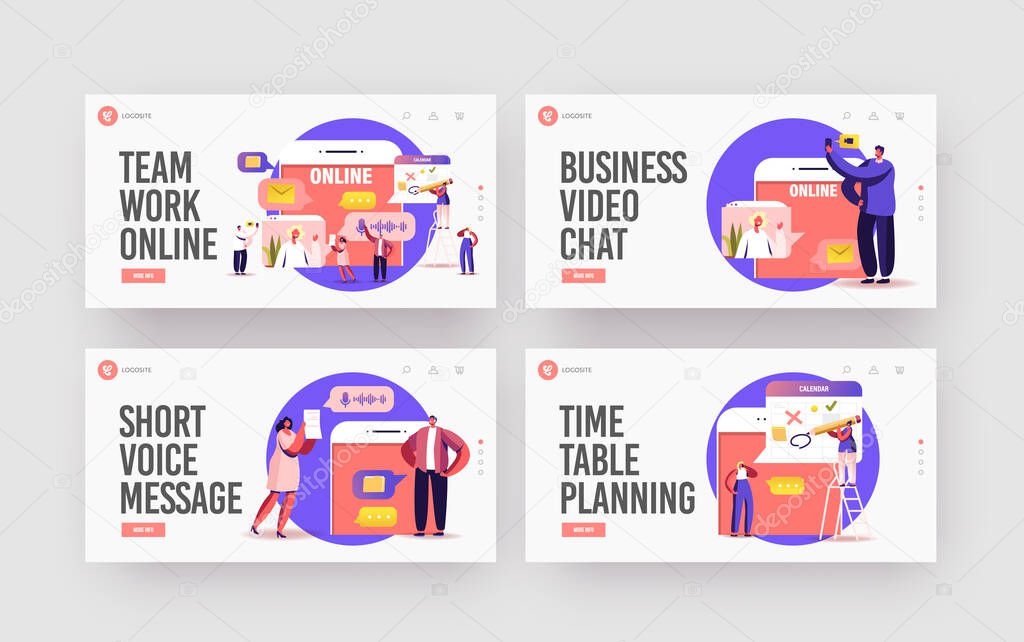 Business Characters Teamwork Online Landing Page Template Set. Employees Video Call with Colleagues. Webcam Conference