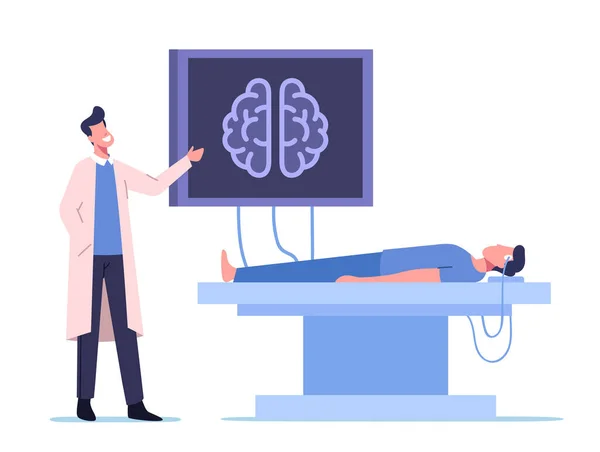 Neurobiológiai orvoslás, Brain Mri. Orvos és beteg karakterek a kórházban orvosi vizsgálat számítógép monitor — Stock Vector