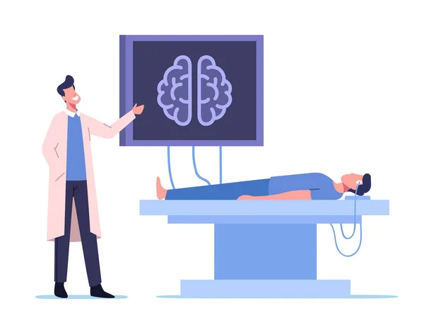 Neurobiología Medicina, Cerebro Mri. Personajes médicos y de pacientes en el hospital en el examen médico con monitor de computadora — Vector de stock