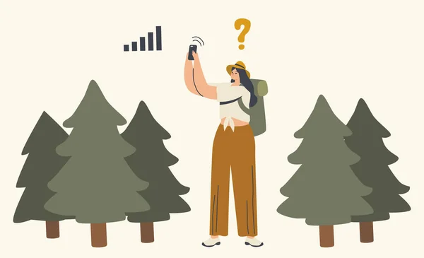 Female Character Get Lost in Forest. Woman Searching Direction Using Smartphone Satellite Navigation. Outdoor Adventure — Stock Vector