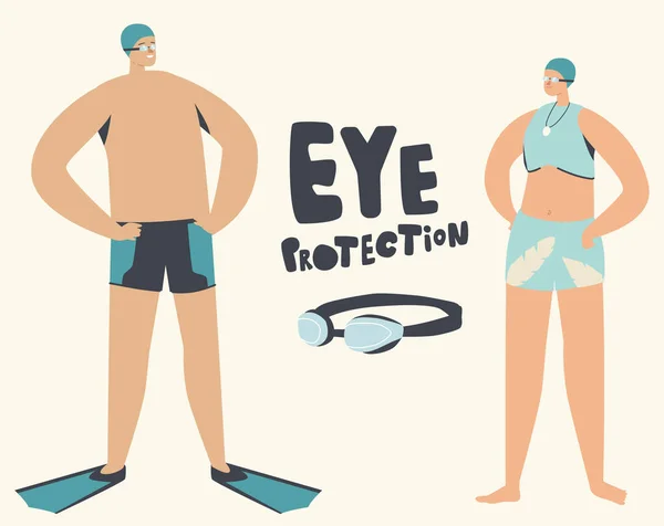 Protection des yeux de nageur en piscine ou concept d'eau. Personnages féminins masculins en maillots de bain et chapeaux à l'aide de lunettes — Image vectorielle